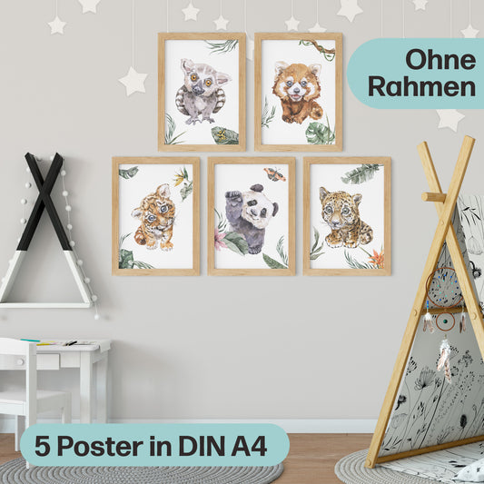 5er Dschungel-Tiere Poster-Set fürs Kinderzimmer I Süße Babyzimmer Deko