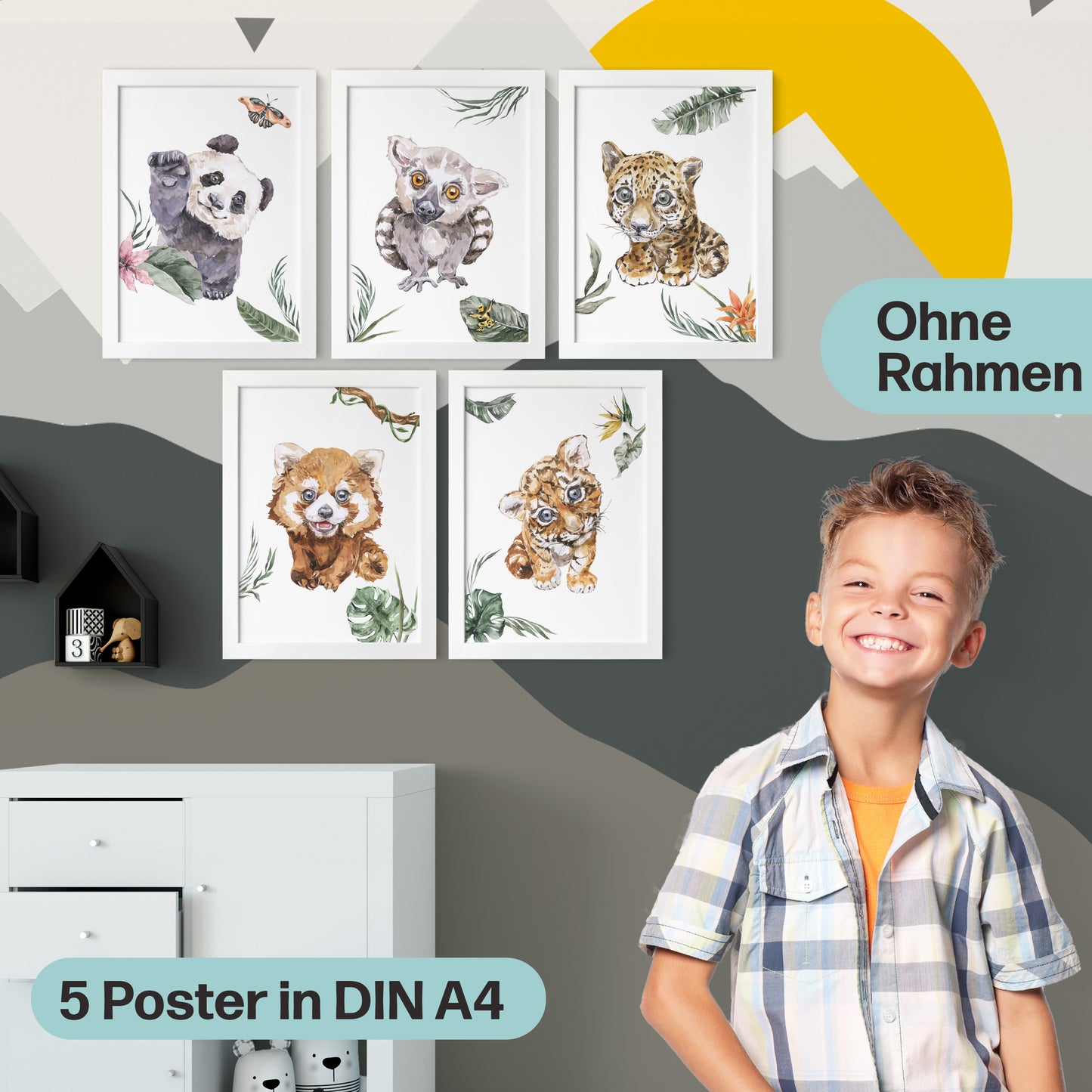 5er Dschungel-Tiere Poster-Set fürs Kinderzimmer I Süße Babyzimmer Deko