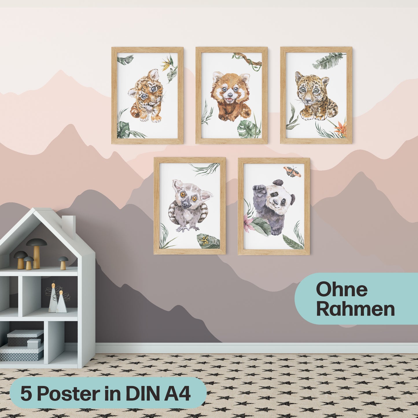 5er Dschungel-Tiere Poster-Set fürs Kinderzimmer I Süße Babyzimmer Deko