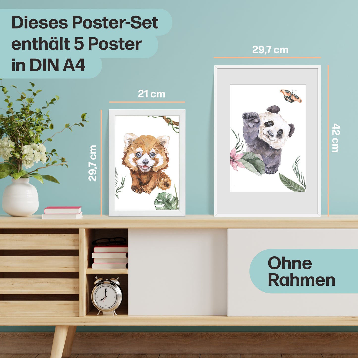 5er Dschungel-Tiere Poster-Set fürs Kinderzimmer I Süße Babyzimmer Deko