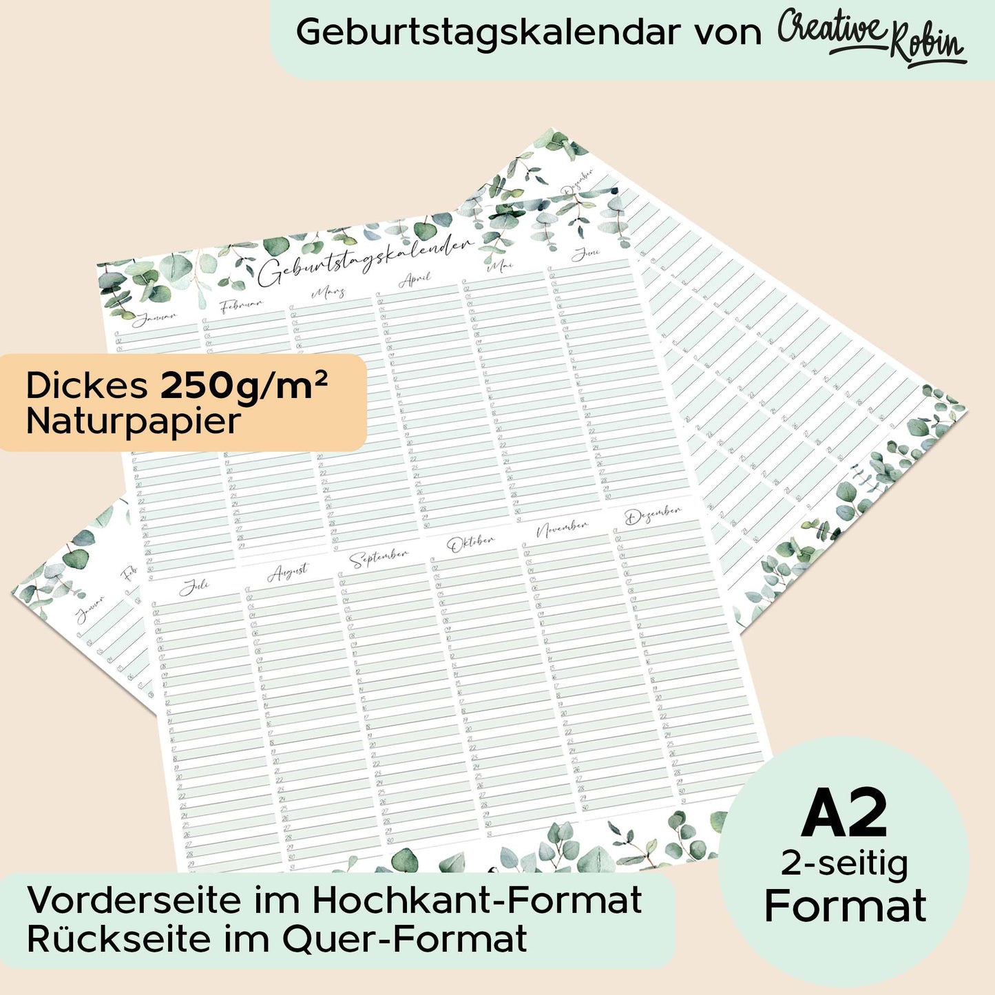 Geburtstagskalender immerwƤhrend Eukalyptus I JahresunabhƤngiger Wandkalender I DIN A2