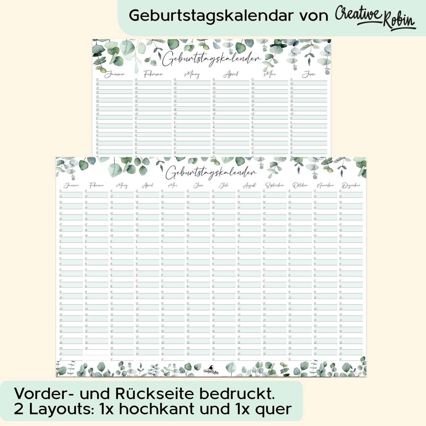 Geburtstagskalender immerwƤhrend Eukalyptus I JahresunabhƤngiger Wandkalender I DIN A2
