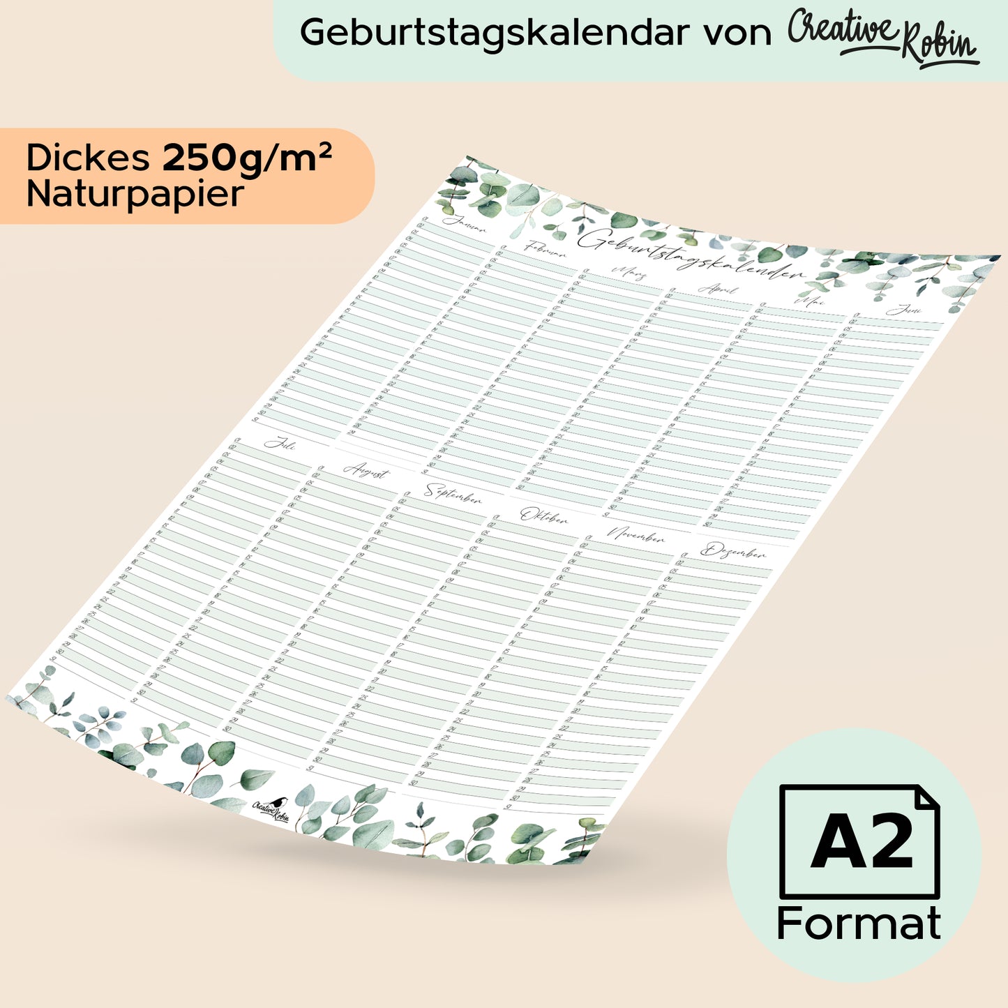 Geburtstagskalender immerwƤhrend Eukalyptus I JahresunabhƤngiger Wandkalender I DIN A2