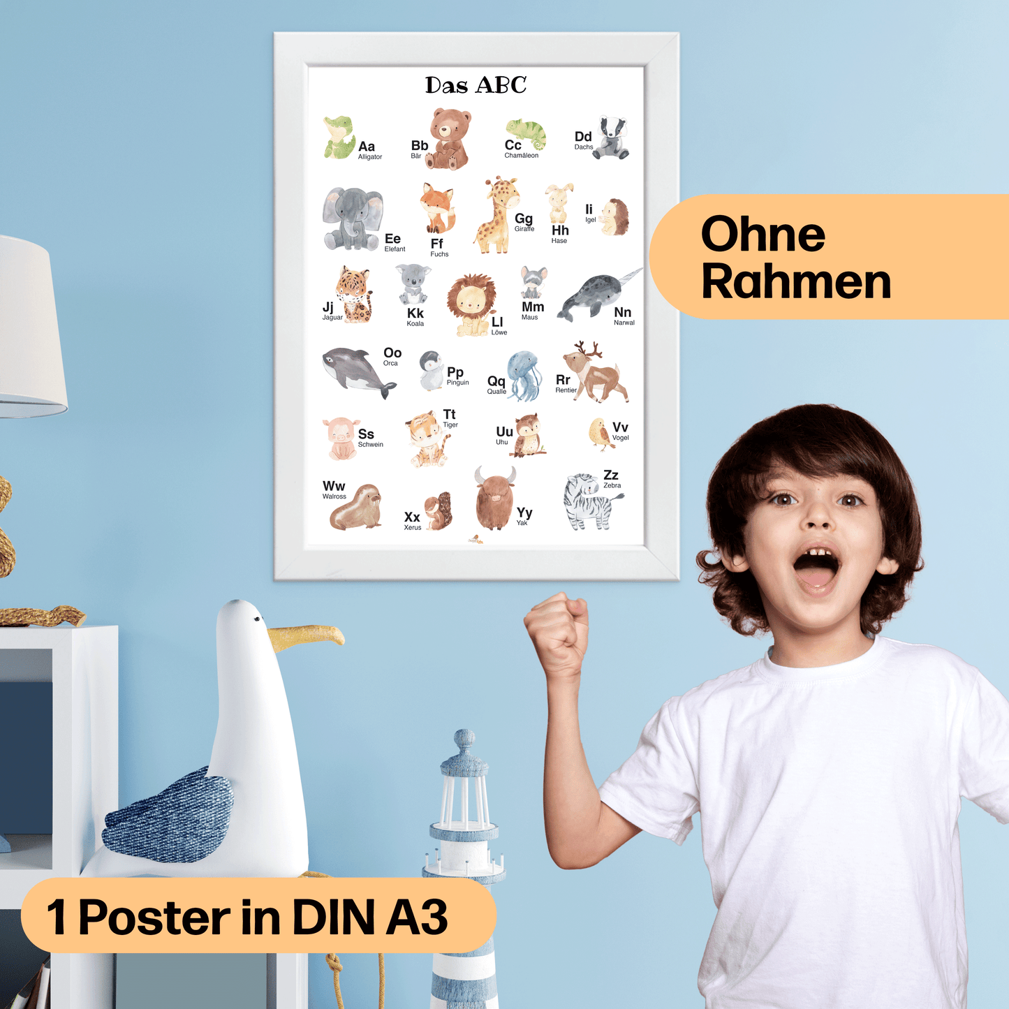 Alphabet Poster mit Tier ABC als Babyzimmer Deko | A3 Größe