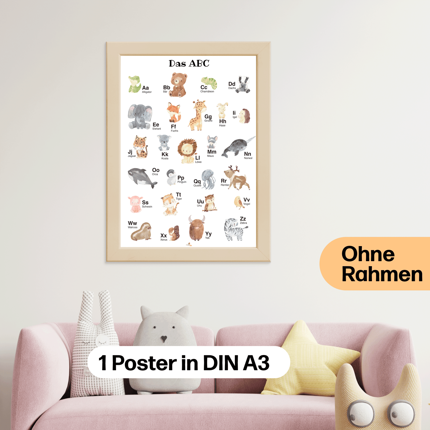 Alphabet Poster mit Tier ABC als Babyzimmer Deko | A3 Größe