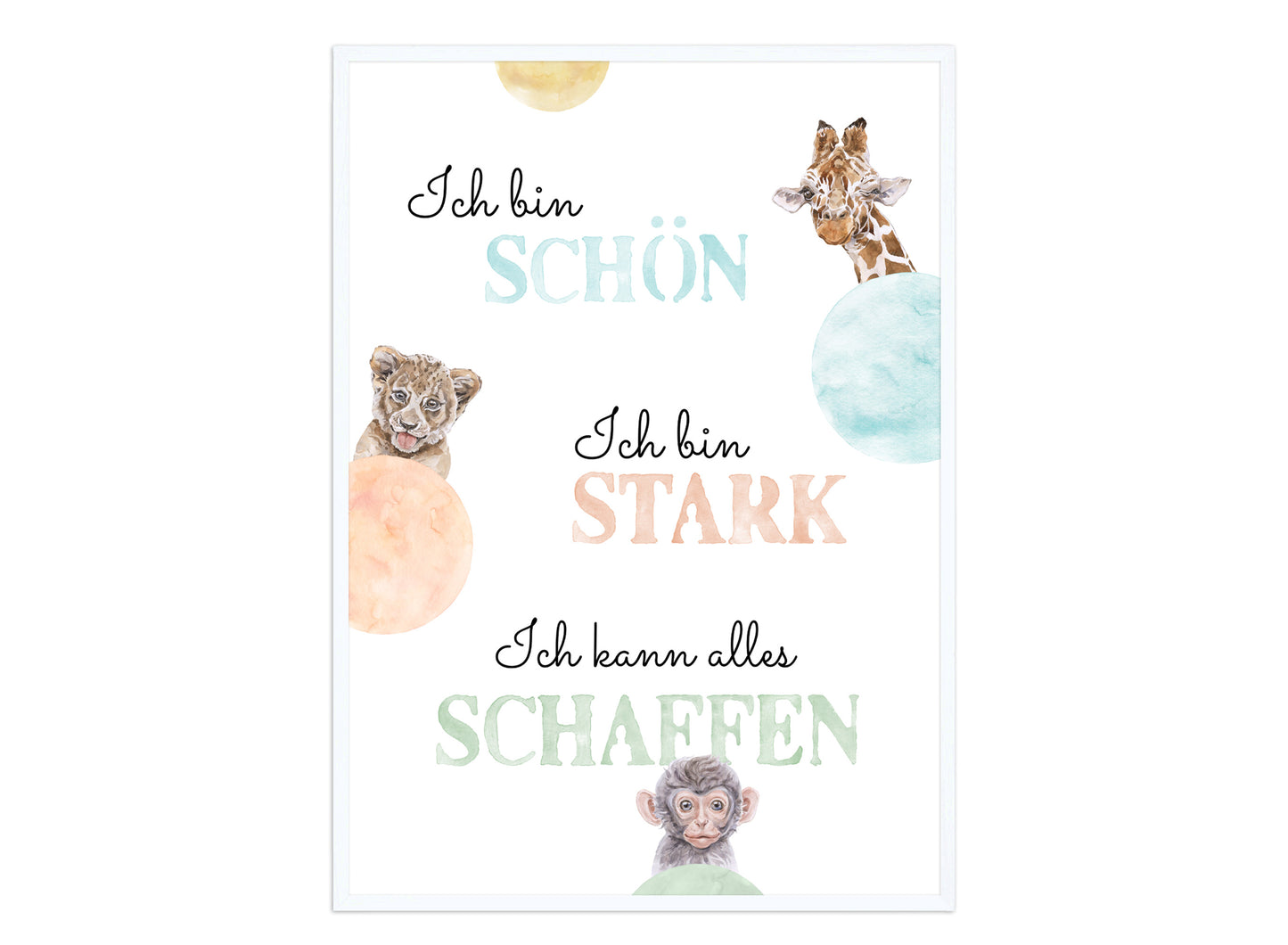 Affirmations-Tierposter für Kinder mit Giraffe & Löwe & Affe | positive Bekräftigung