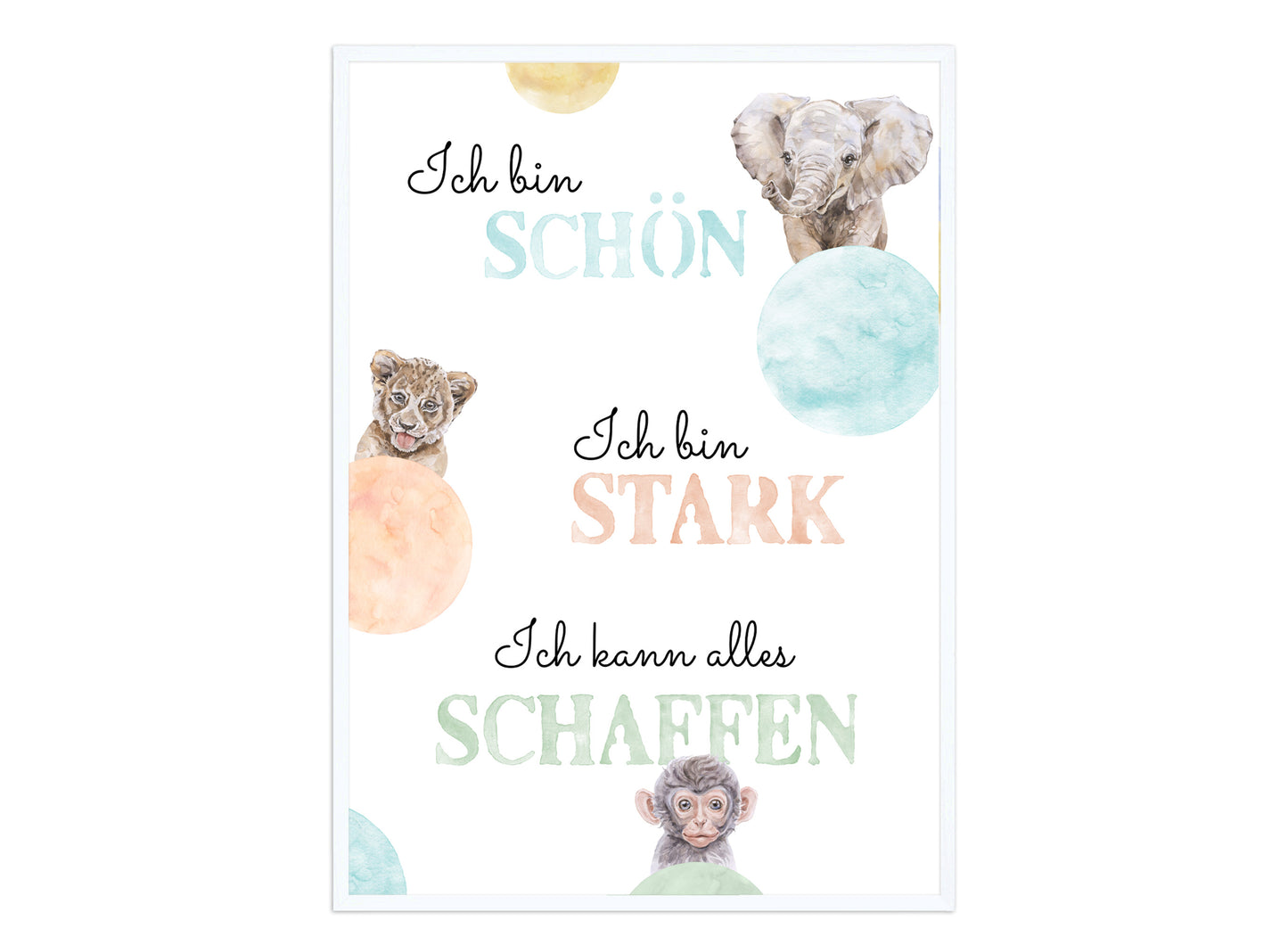 Affirmations-Tierposter für Kinder mit Giraffe & Löwe & Affe | positive Bekräftigung