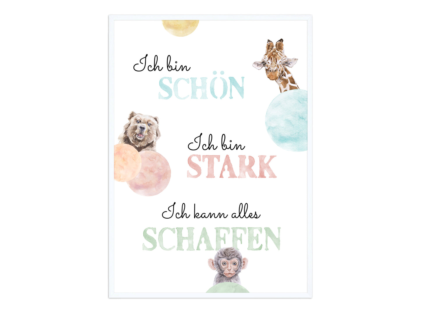 Affirmations-Tierposter für Kinder mit Giraffe & Löwe & Affe | positive Bekräftigung