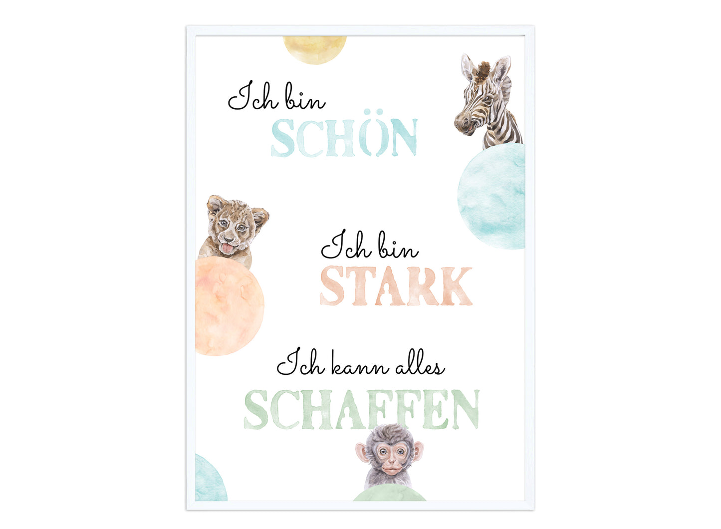 Affirmations-Tierposter für Kinder mit Giraffe & Löwe & Affe | positive Bekräftigung