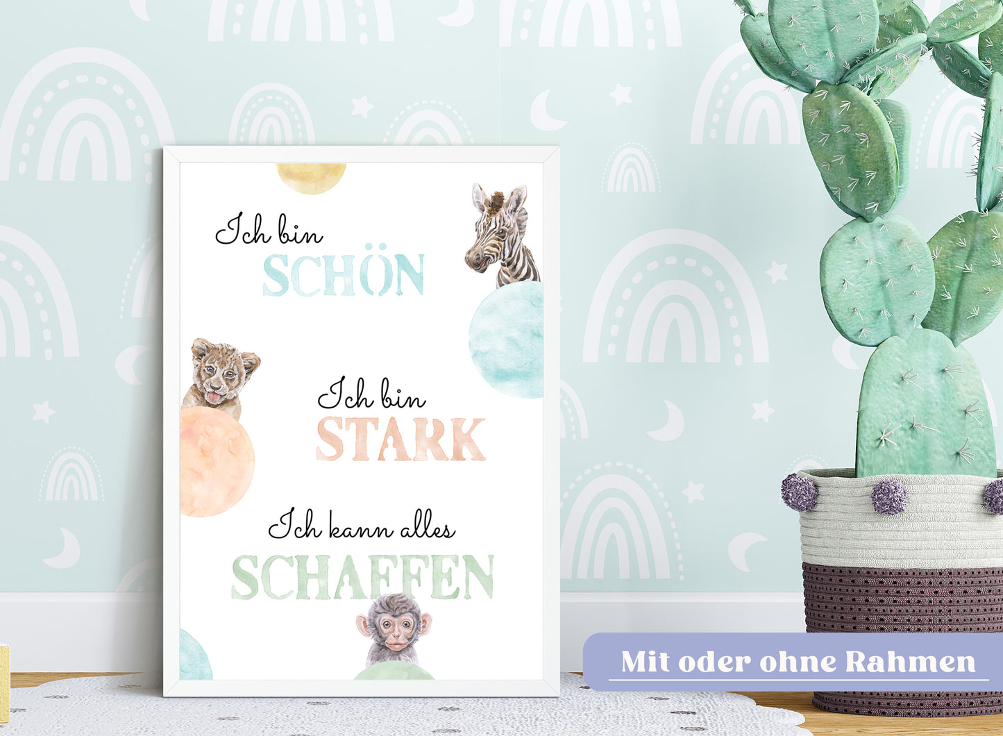 Affirmations-Tierposter für Kinder mit Giraffe & Löwe & Affe | positive Bekräftigung