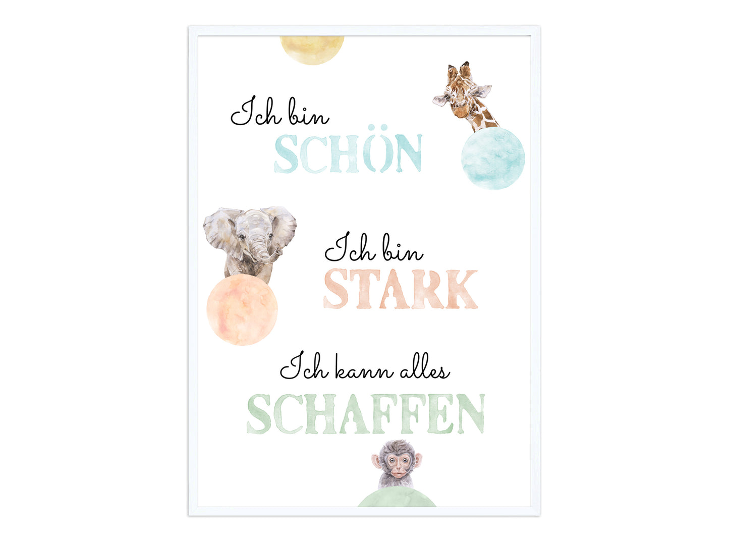 Affirmations-Tierposter für Kinder mit Giraffe & Löwe & Affe | positive Bekräftigung