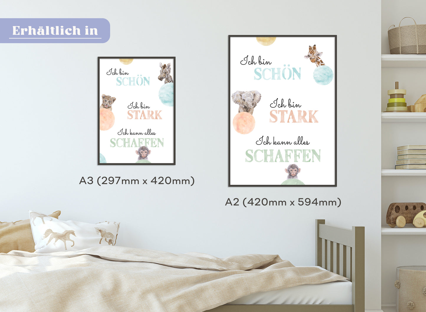 Affirmations-Tierposter für Kinder mit Giraffe & Löwe & Affe | positive Bekräftigung