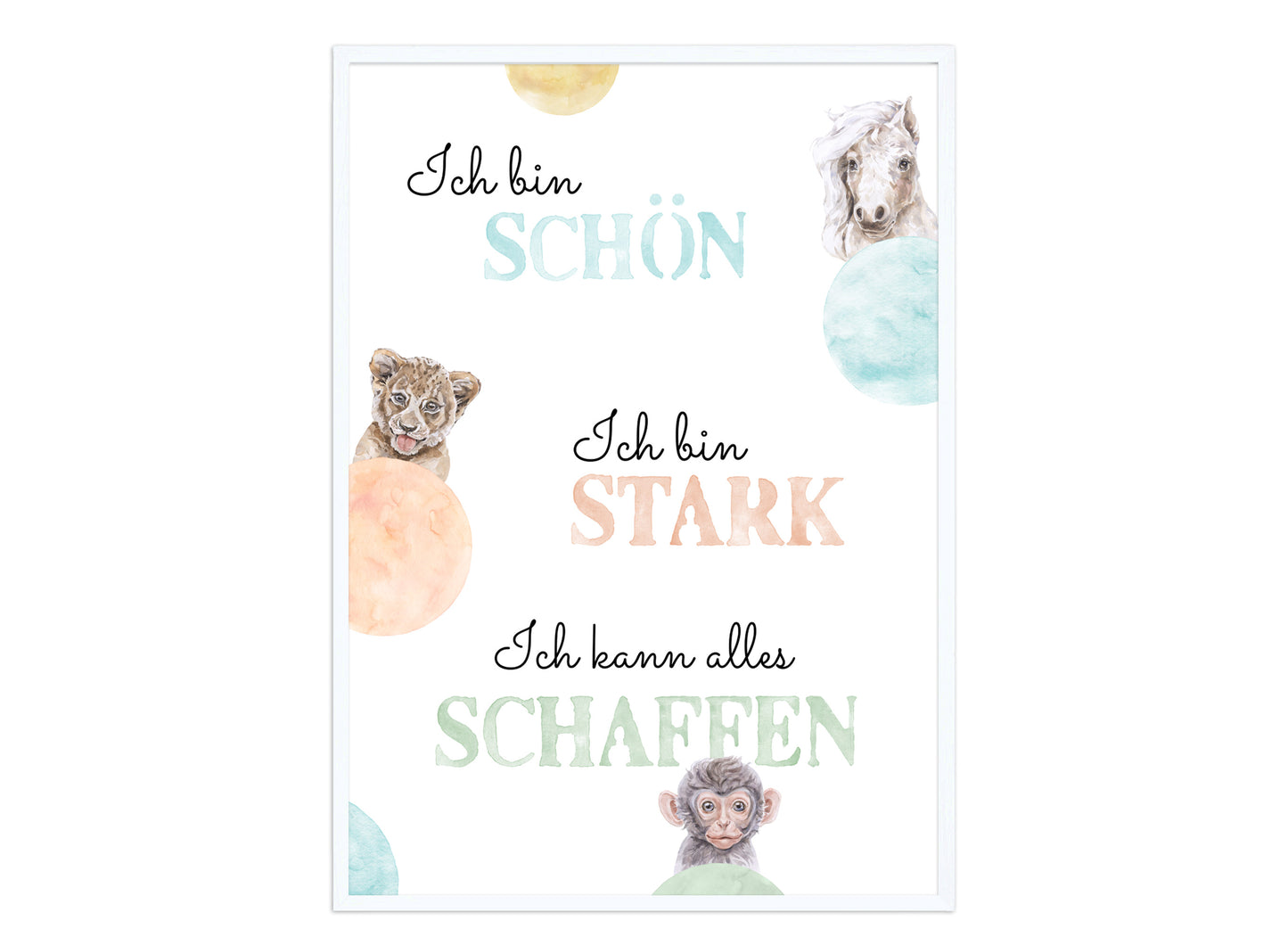 Affirmations-Tierposter für Kinder mit Giraffe & Löwe & Affe | positive Bekräftigung