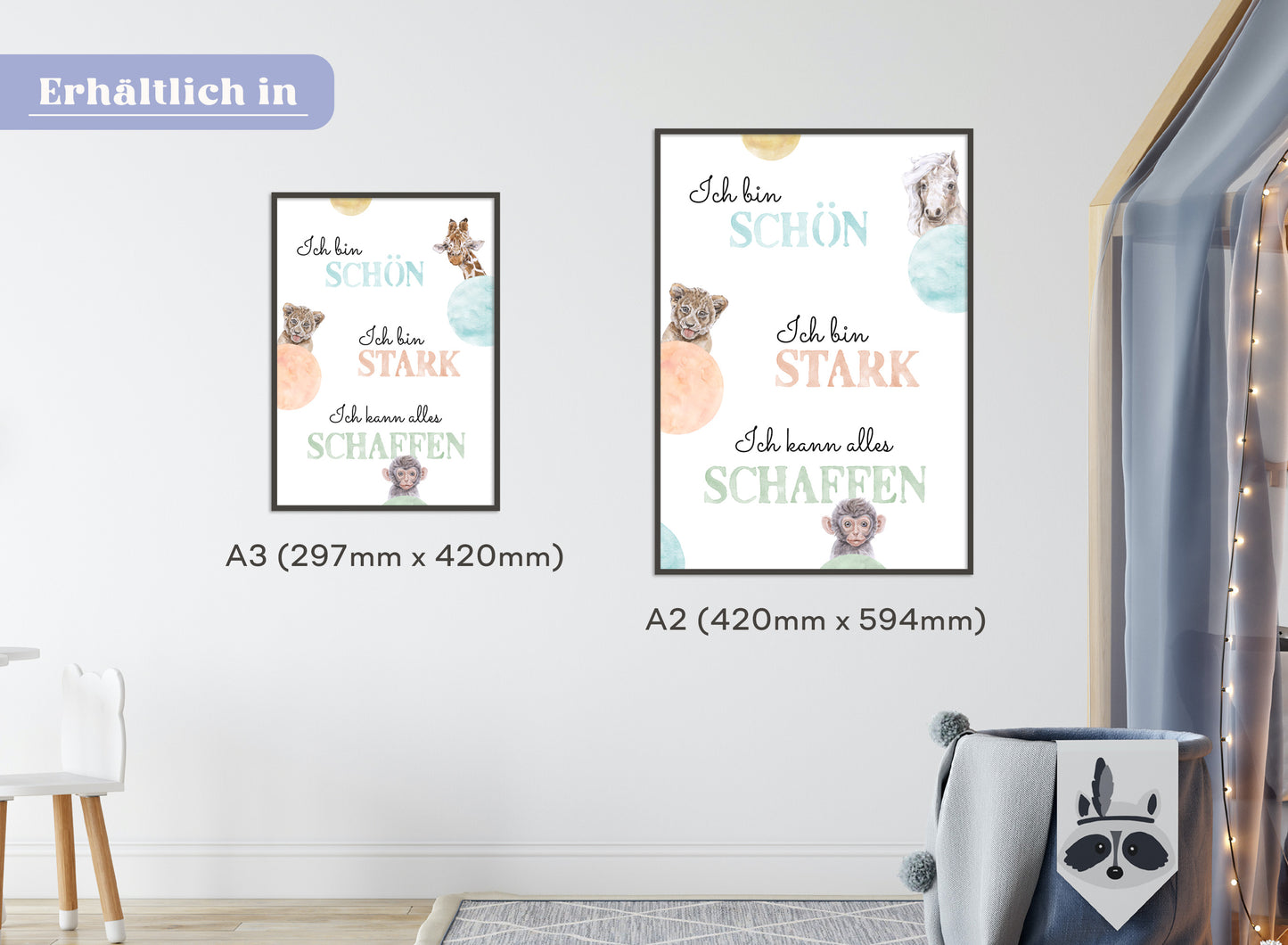 Affirmations-Tierposter für Kinder mit Giraffe & Löwe & Affe | positive Bekräftigung