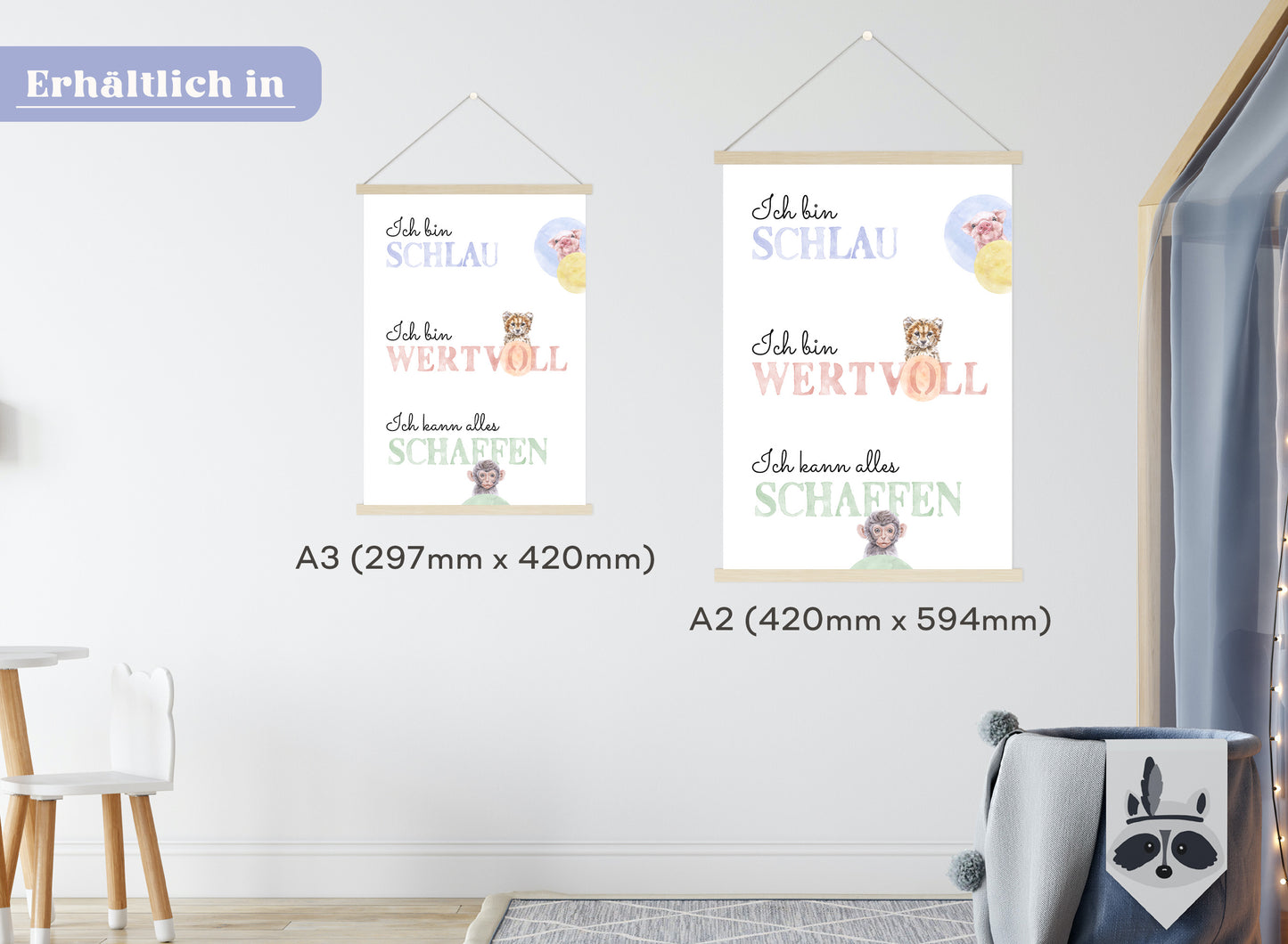 Affirmations-Tierposter für Kinder mit Giraffe & Löwe & Affe | positive Bekräftigung