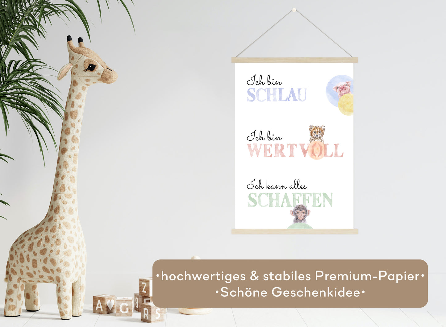 Affirmations-Tierposter für Kinder mit Giraffe & Löwe & Affe | positive Bekräftigung