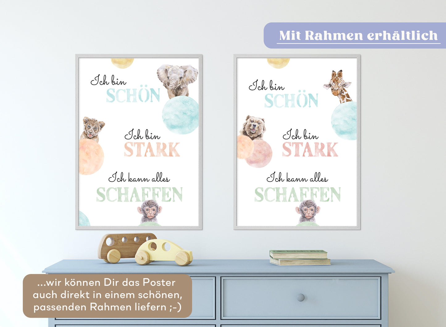 Affirmations-Tierposter für Kinder mit Giraffe & Löwe & Affe | positive Bekräftigung