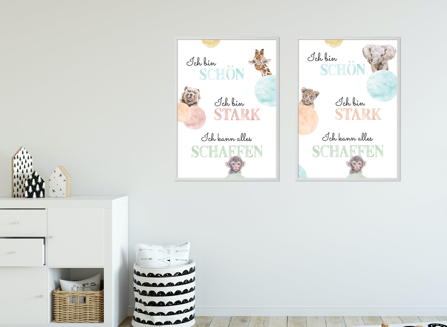 Affirmations-Tierposter für Kinder mit Giraffe & Löwe & Affe | positive Bekräftigung