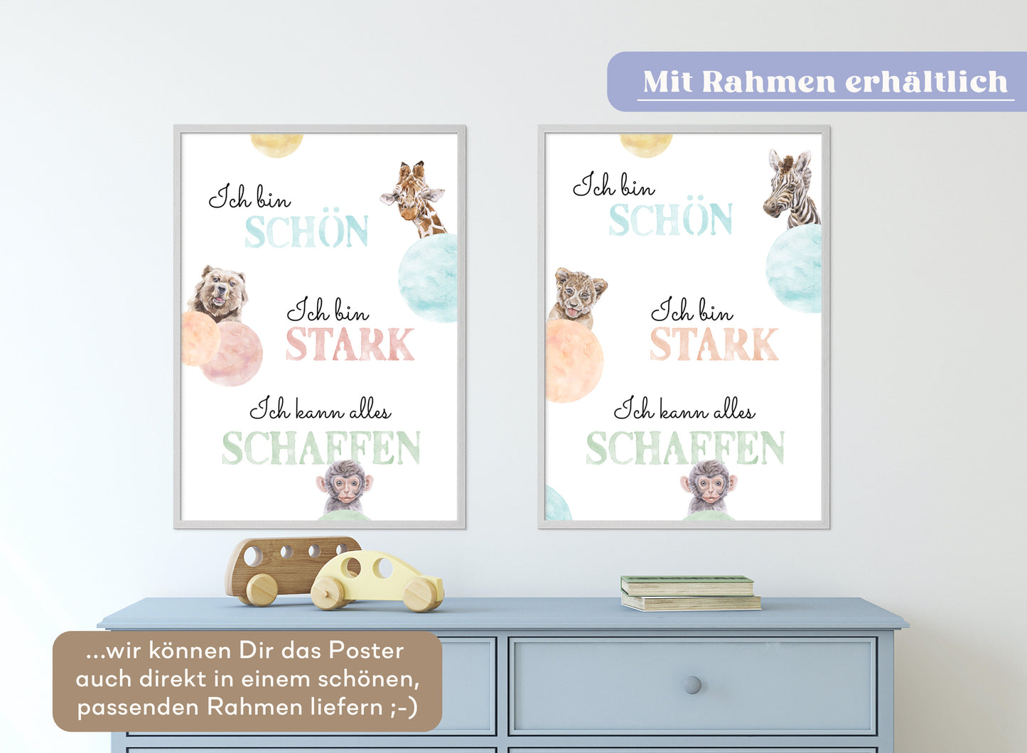 Affirmations-Tierposter für Kinder mit Giraffe & Löwe & Affe | positive Bekräftigung