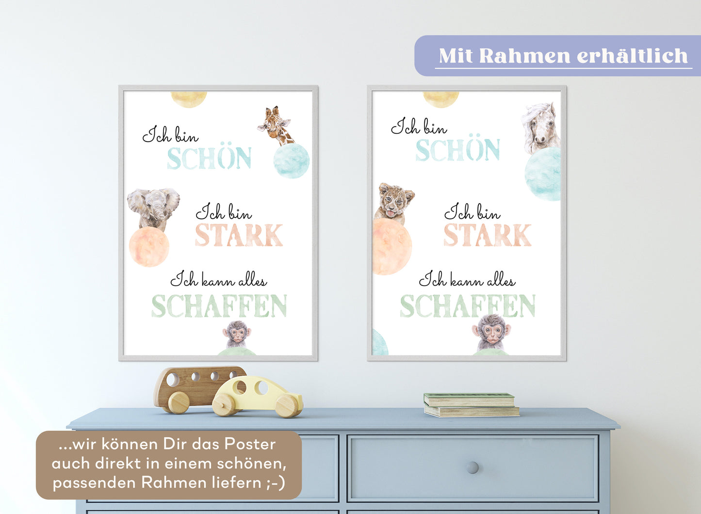 Affirmations-Tierposter für Kinder mit Giraffe & Löwe & Affe | positive Bekräftigung