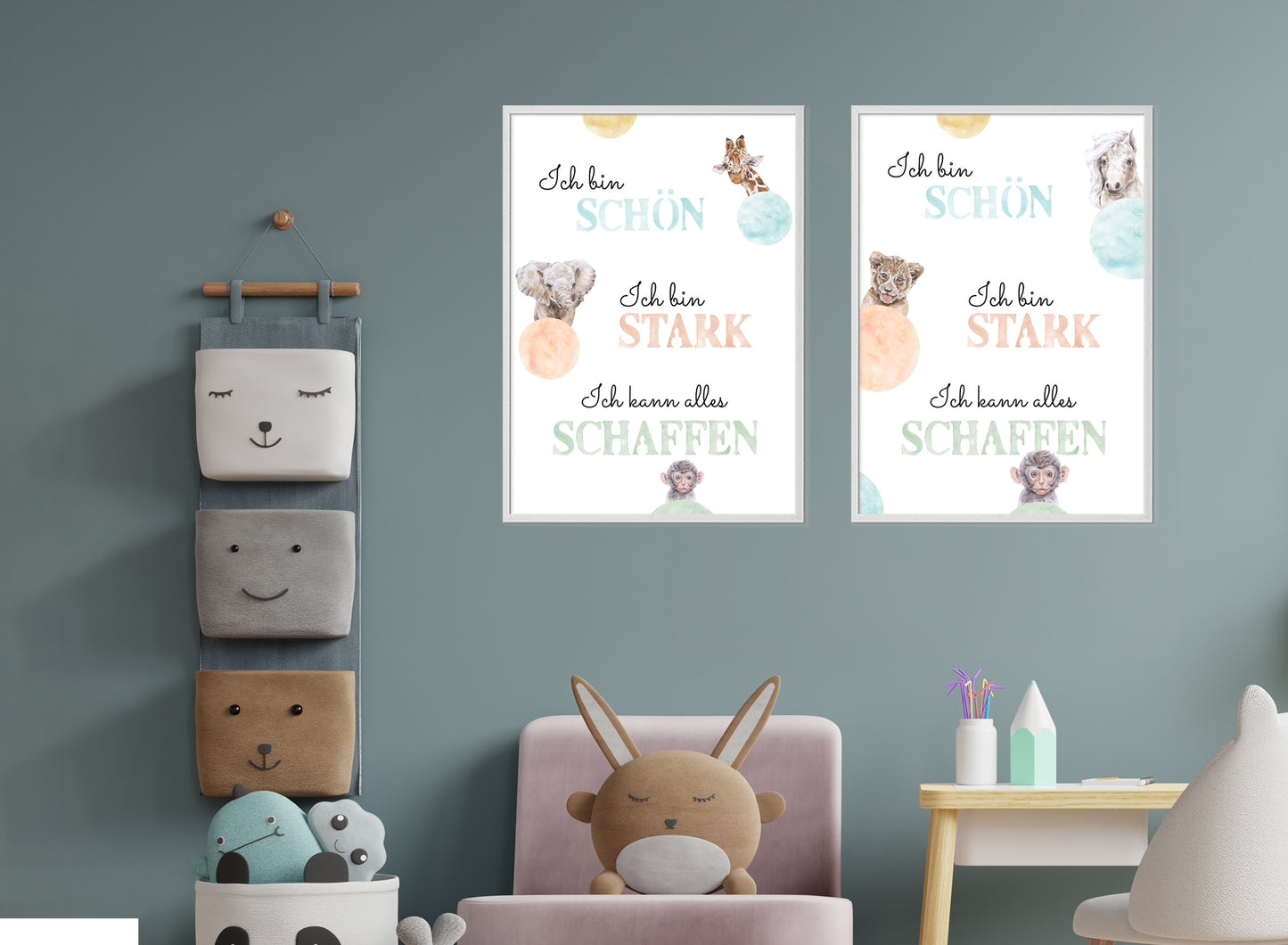 Affirmations-Tierposter für Kinder mit Giraffe & Löwe & Affe | positive Bekräftigung