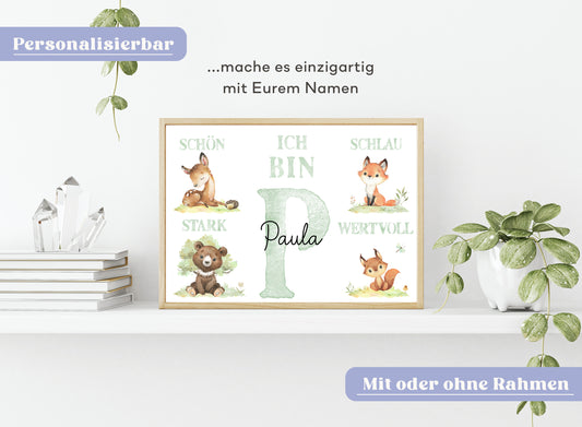 Personalisierbares Kinder-Namensposter mit süßen Tieren und positive Affirmationen zur Bestärkung