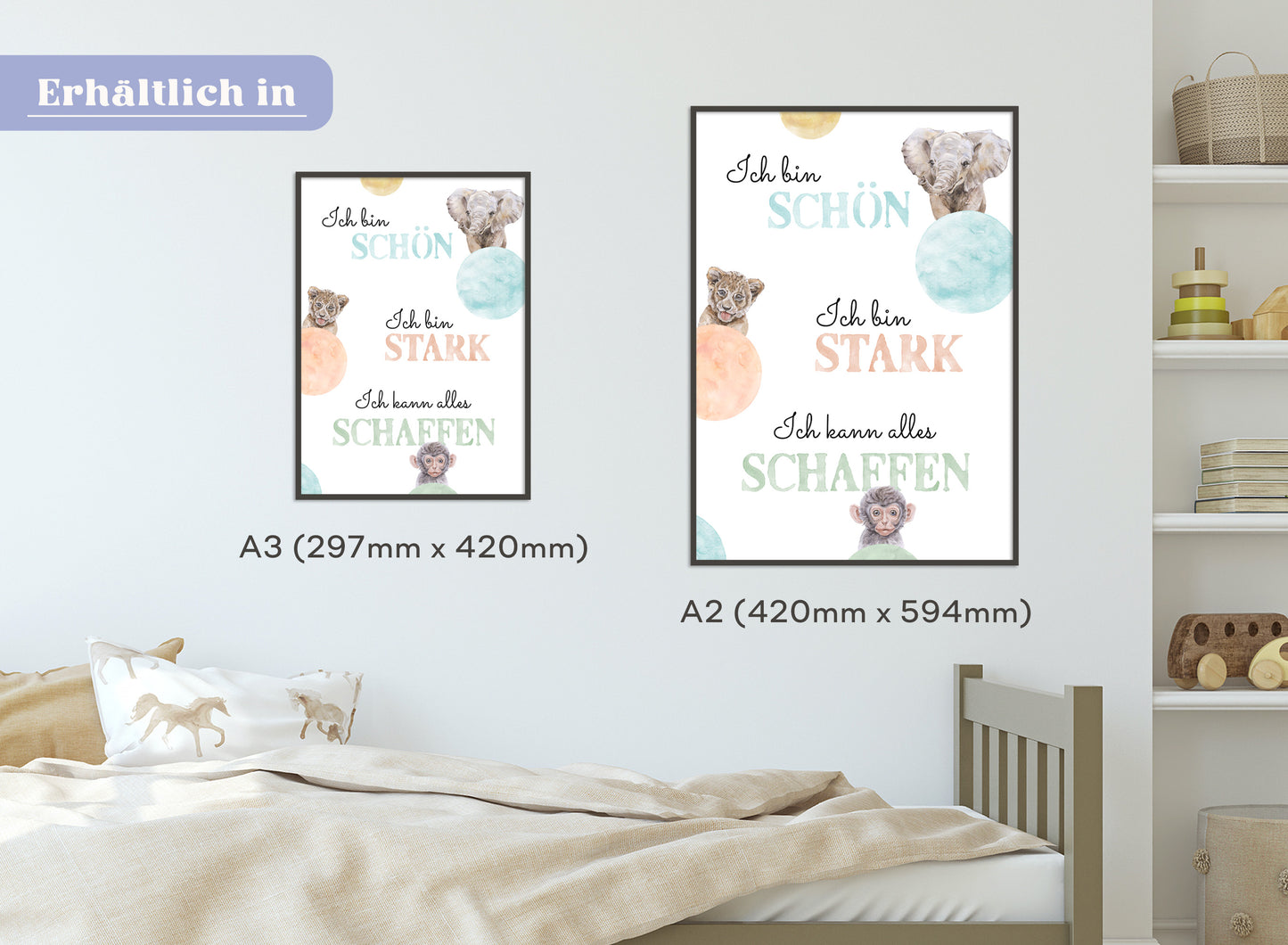 Affirmations-Tierposter für Kinder mit Giraffe & Löwe & Affe | positive Bekräftigung
