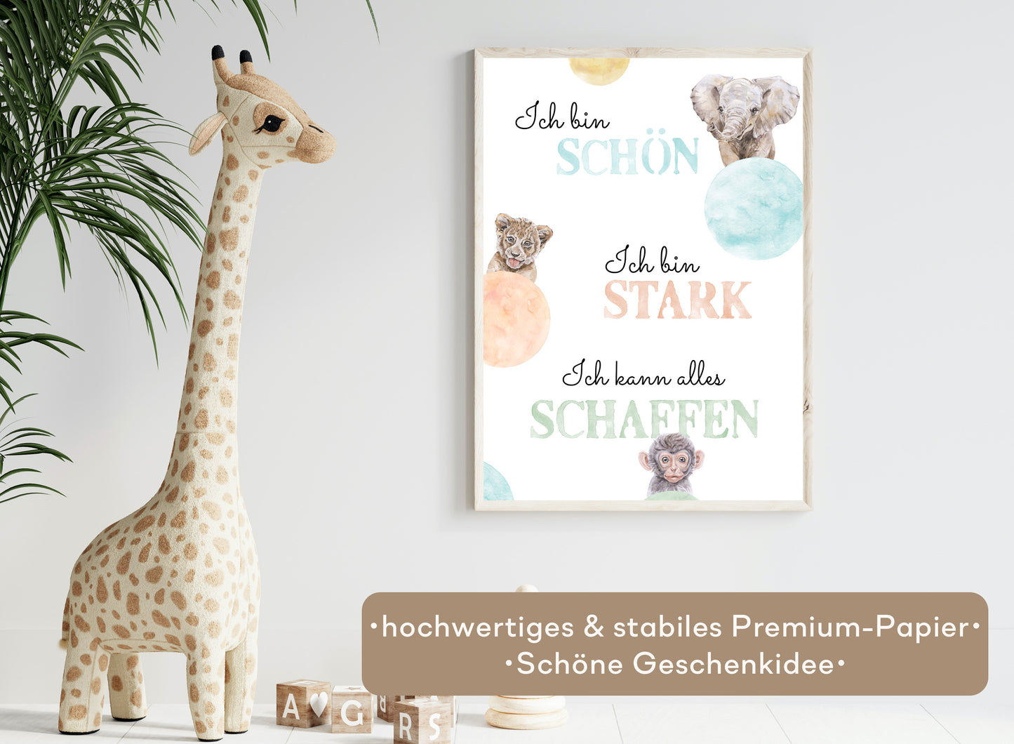 Affirmations-Tierposter für Kinder mit Giraffe & Löwe & Affe | positive Bekräftigung