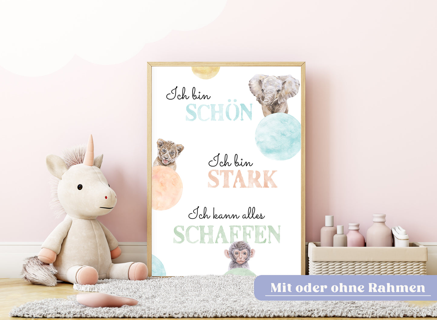Affirmations-Tierposter für Kinder mit Giraffe & Löwe & Affe | positive Bekräftigung