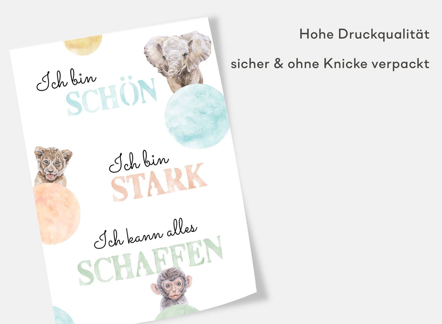Affirmations-Tierposter für Kinder mit Giraffe & Löwe & Affe | positive Bekräftigung