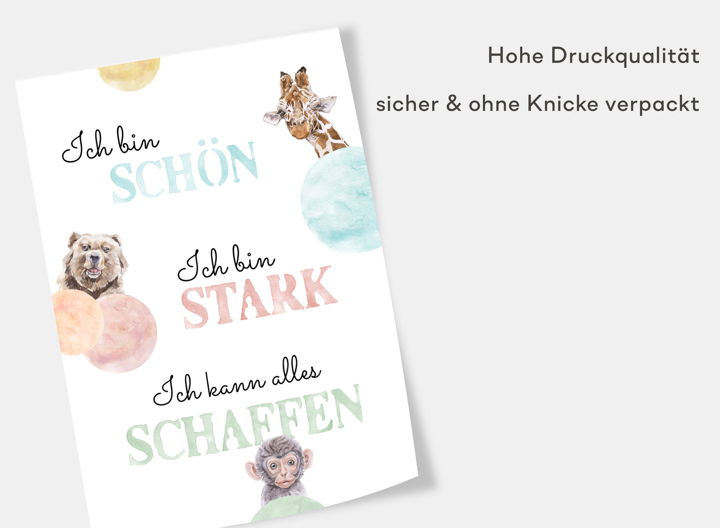 Affirmations-Tierposter für Kinder mit Giraffe & Löwe & Affe | positive Bekräftigung