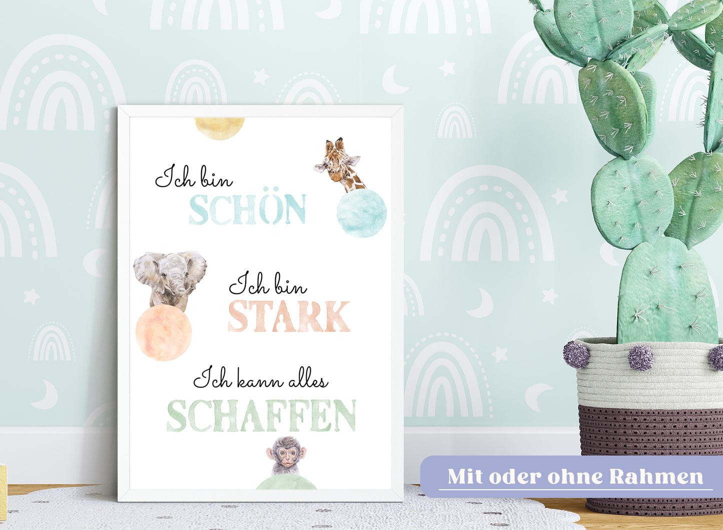 Affirmations-Tierposter für Kinder mit Giraffe & Löwe & Affe | positive Bekräftigung