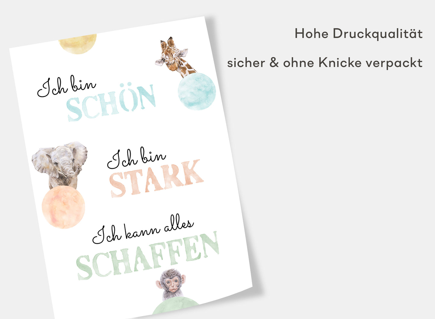 Affirmations-Tierposter für Kinder mit Giraffe & Löwe & Affe | positive Bekräftigung