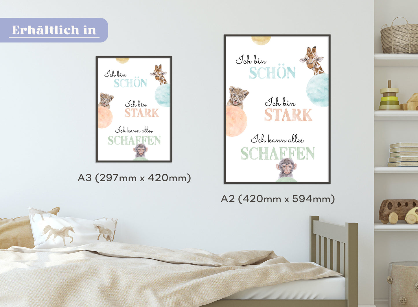 Affirmations-Tierposter für Kinder mit Giraffe & Löwe & Affe | positive Bekräftigung