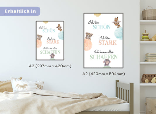Affirmations-Tierposter für Kinder mit Giraffe & Löwe & Affe | positive Bekräftigung