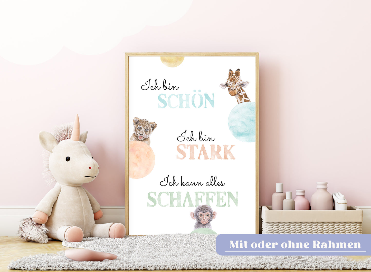 Affirmations-Tierposter für Kinder mit Giraffe & Löwe & Affe | positive Bekräftigung