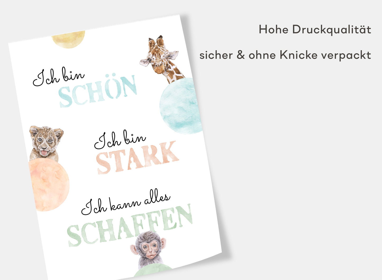 Affirmations-Tierposter für Kinder mit Giraffe & Löwe & Affe | positive Bekräftigung
