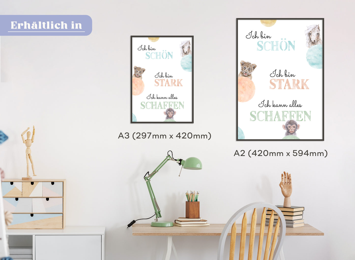 Affirmations-Tierposter für Kinder mit Giraffe & Löwe & Affe | positive Bekräftigung