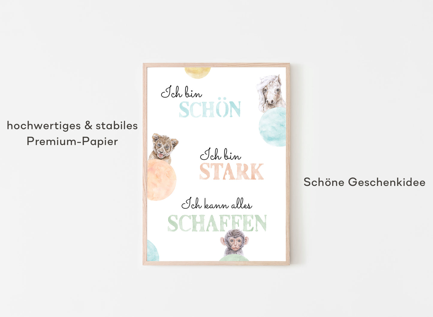 Affirmations-Tierposter für Kinder mit Giraffe & Löwe & Affe | positive Bekräftigung