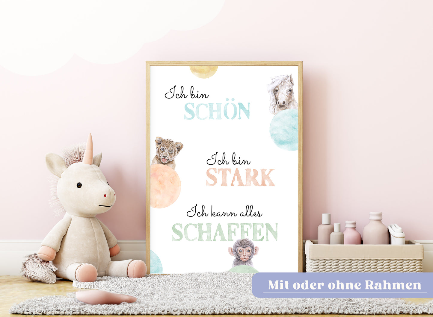 Affirmations-Tierposter für Kinder mit Giraffe & Löwe & Affe | positive Bekräftigung