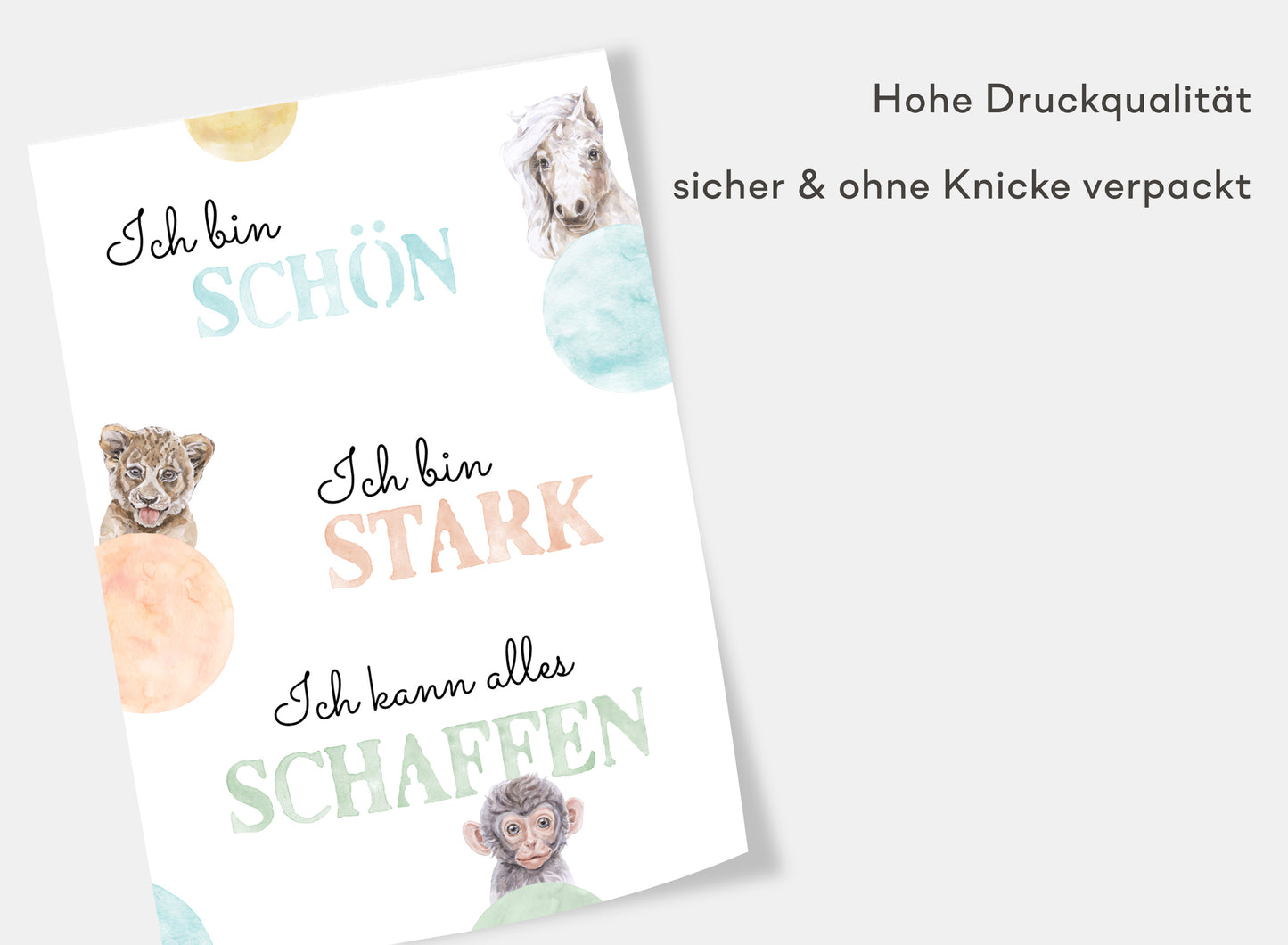 Affirmations-Tierposter für Kinder mit Giraffe & Löwe & Affe | positive Bekräftigung