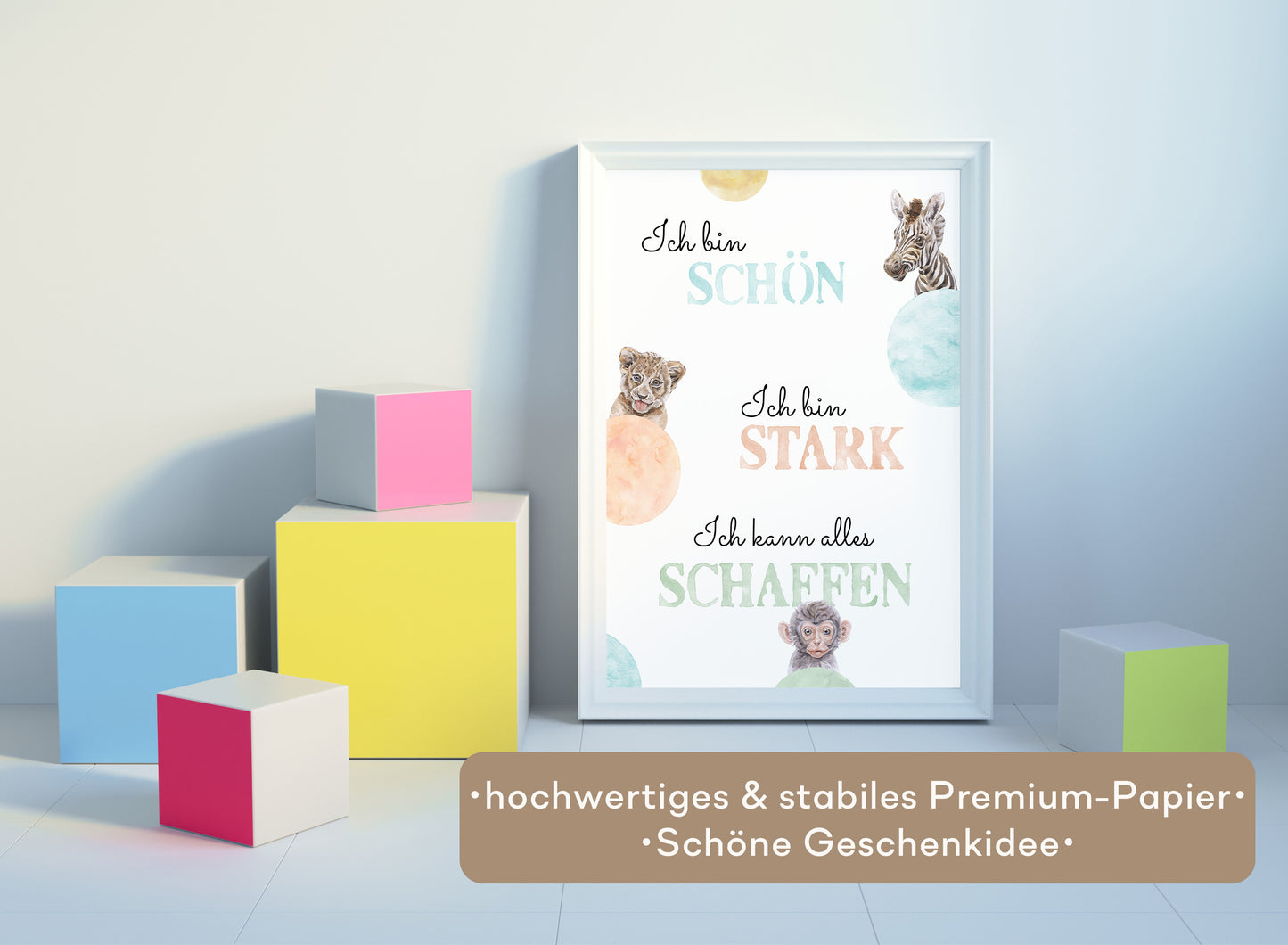 Affirmations-Tierposter für Kinder mit Giraffe & Löwe & Affe | positive Bekräftigung