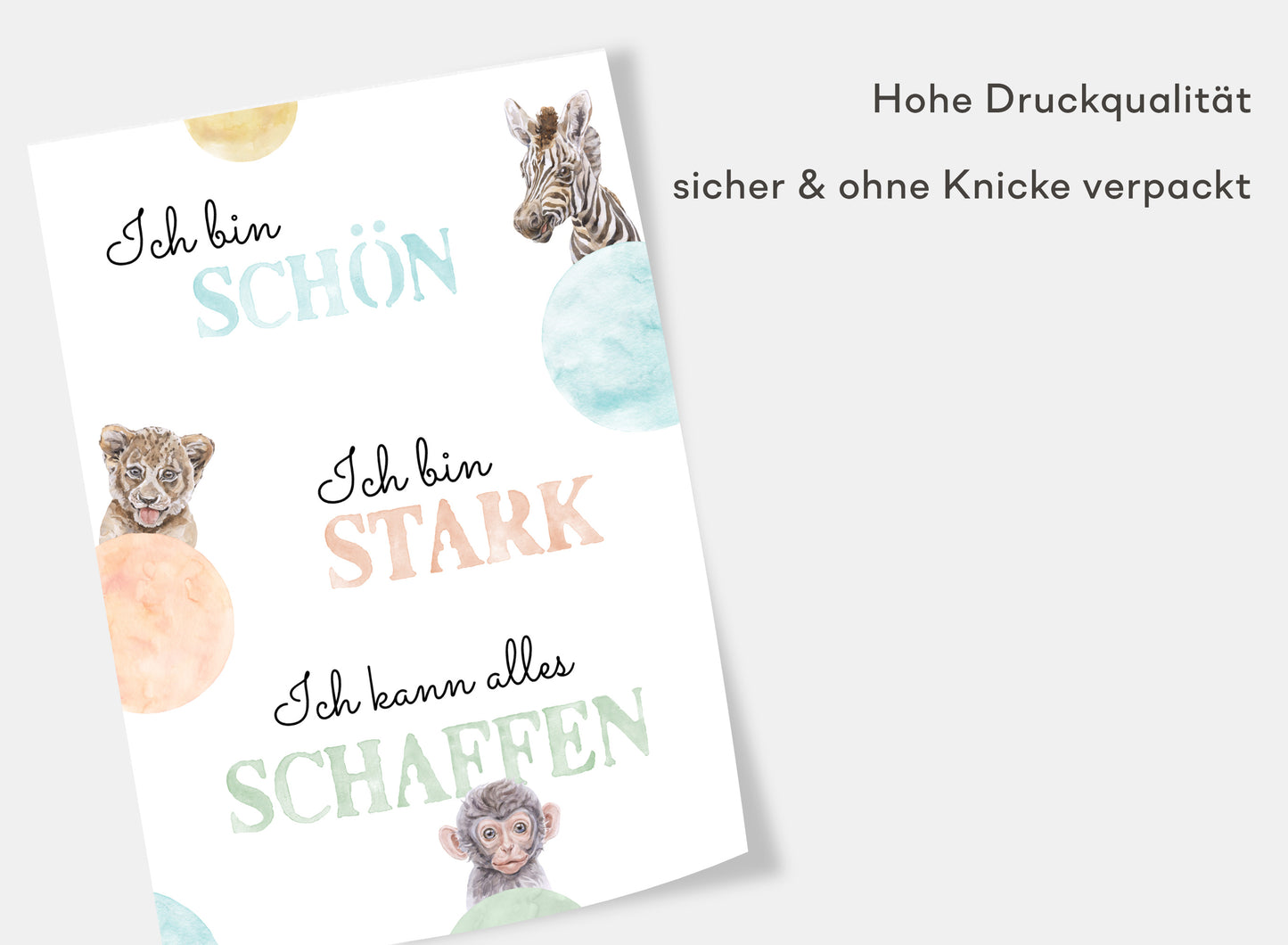 Affirmations-Tierposter für Kinder mit Giraffe & Löwe & Affe | positive Bekräftigung