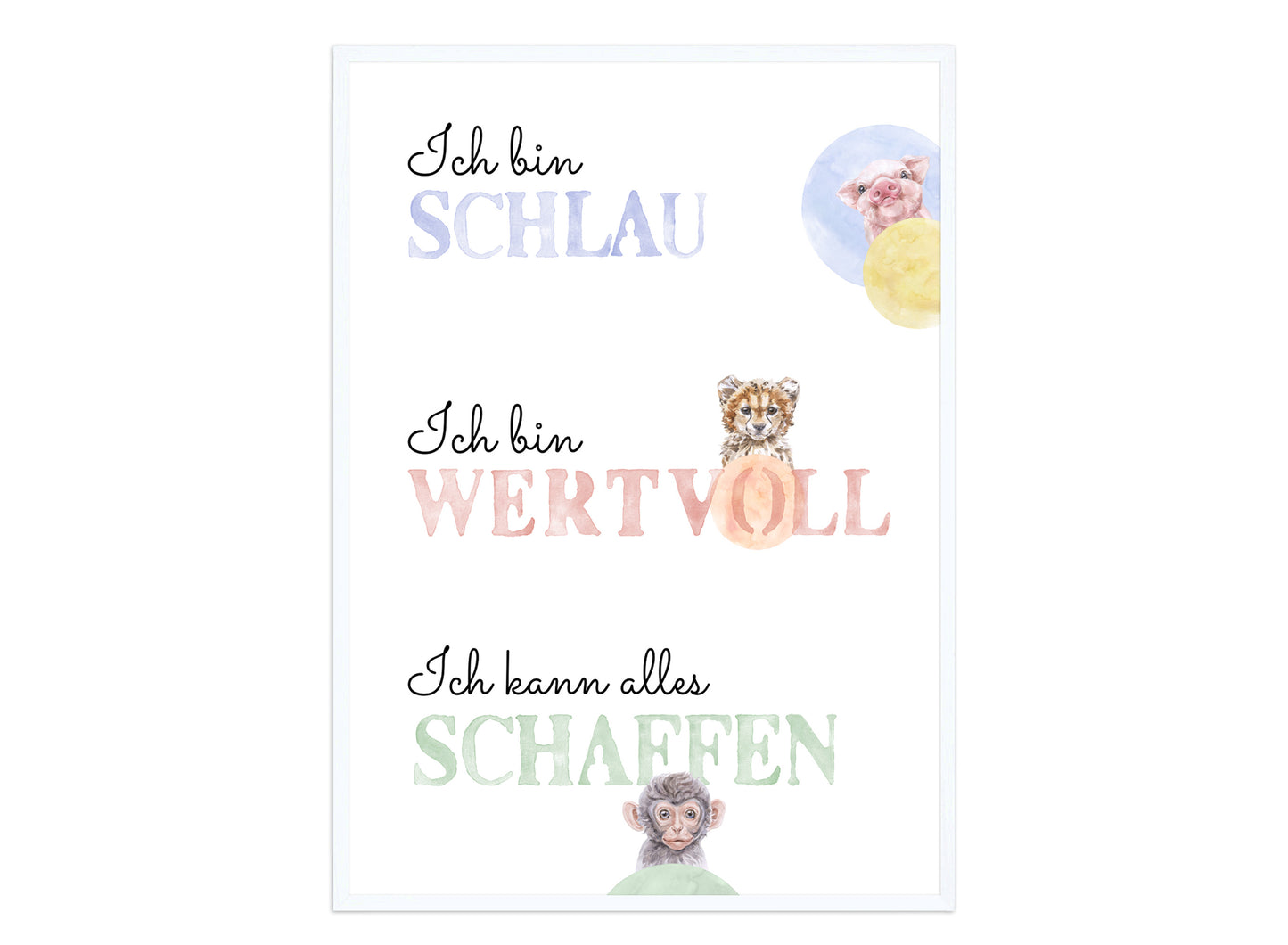Affirmations-Tierposter für Kinder mit Giraffe & Löwe & Affe | positive Bekräftigung