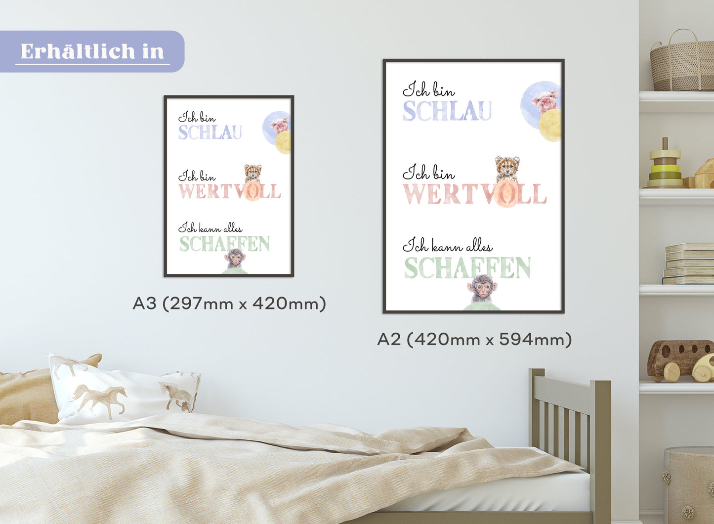 Affirmations-Tierposter für Kinder mit Giraffe & Löwe & Affe | positive Bekräftigung
