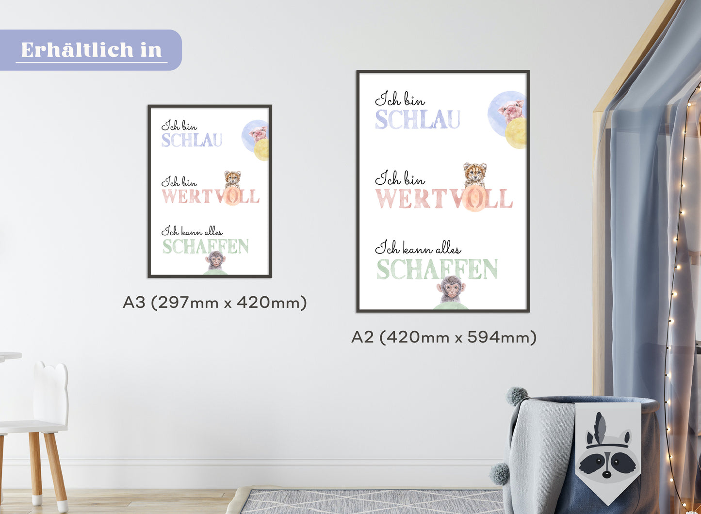Affirmations-Tierposter für Kinder mit Giraffe & Löwe & Affe | positive Bekräftigung