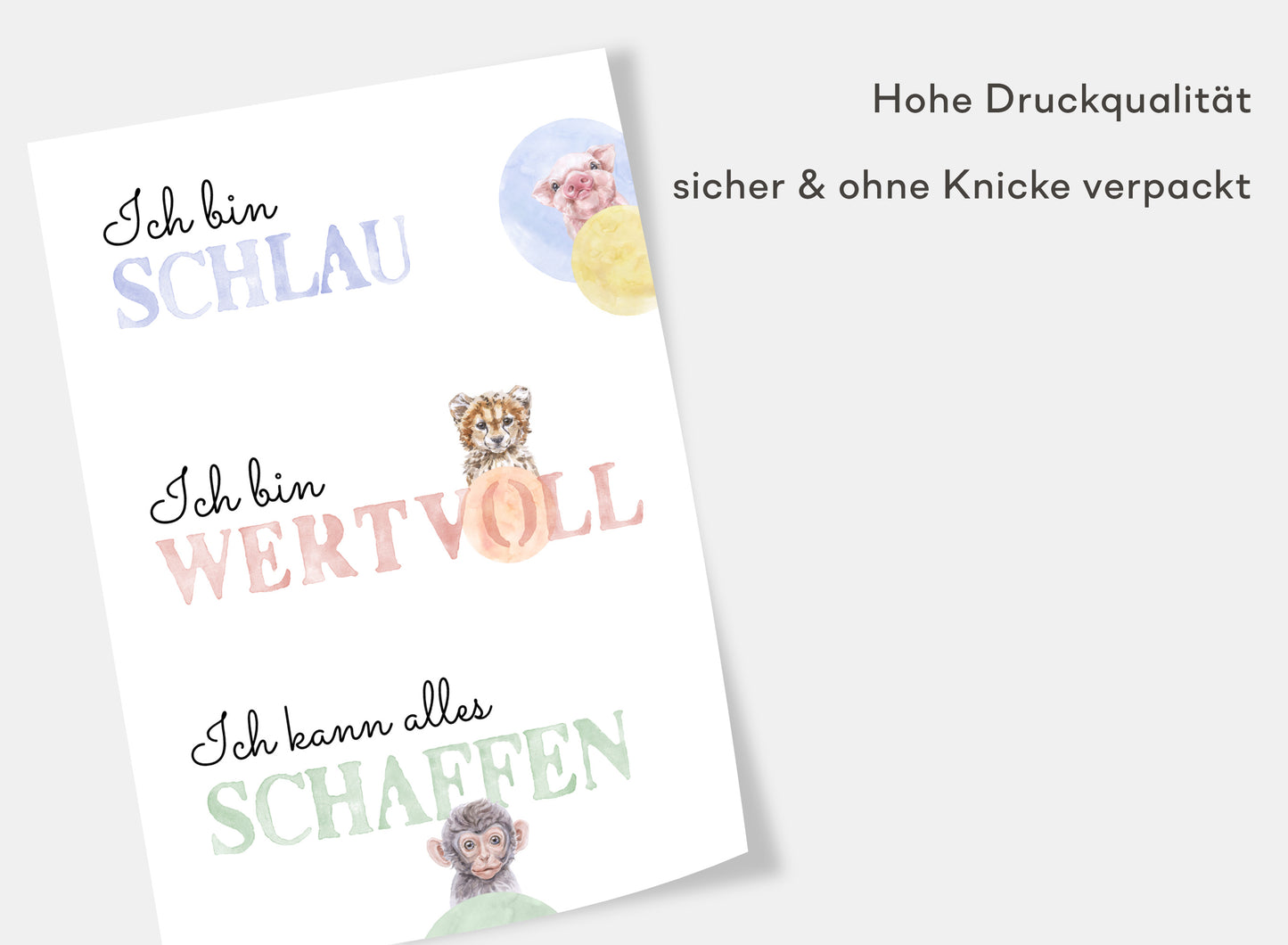Affirmations-Tierposter für Kinder mit Giraffe & Löwe & Affe | positive Bekräftigung