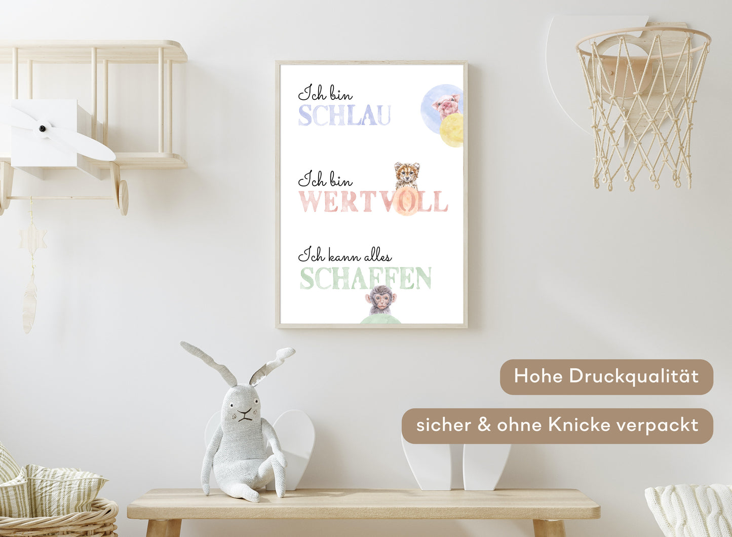 Affirmations-Tierposter für Kinder mit Giraffe & Löwe & Affe | positive Bekräftigung