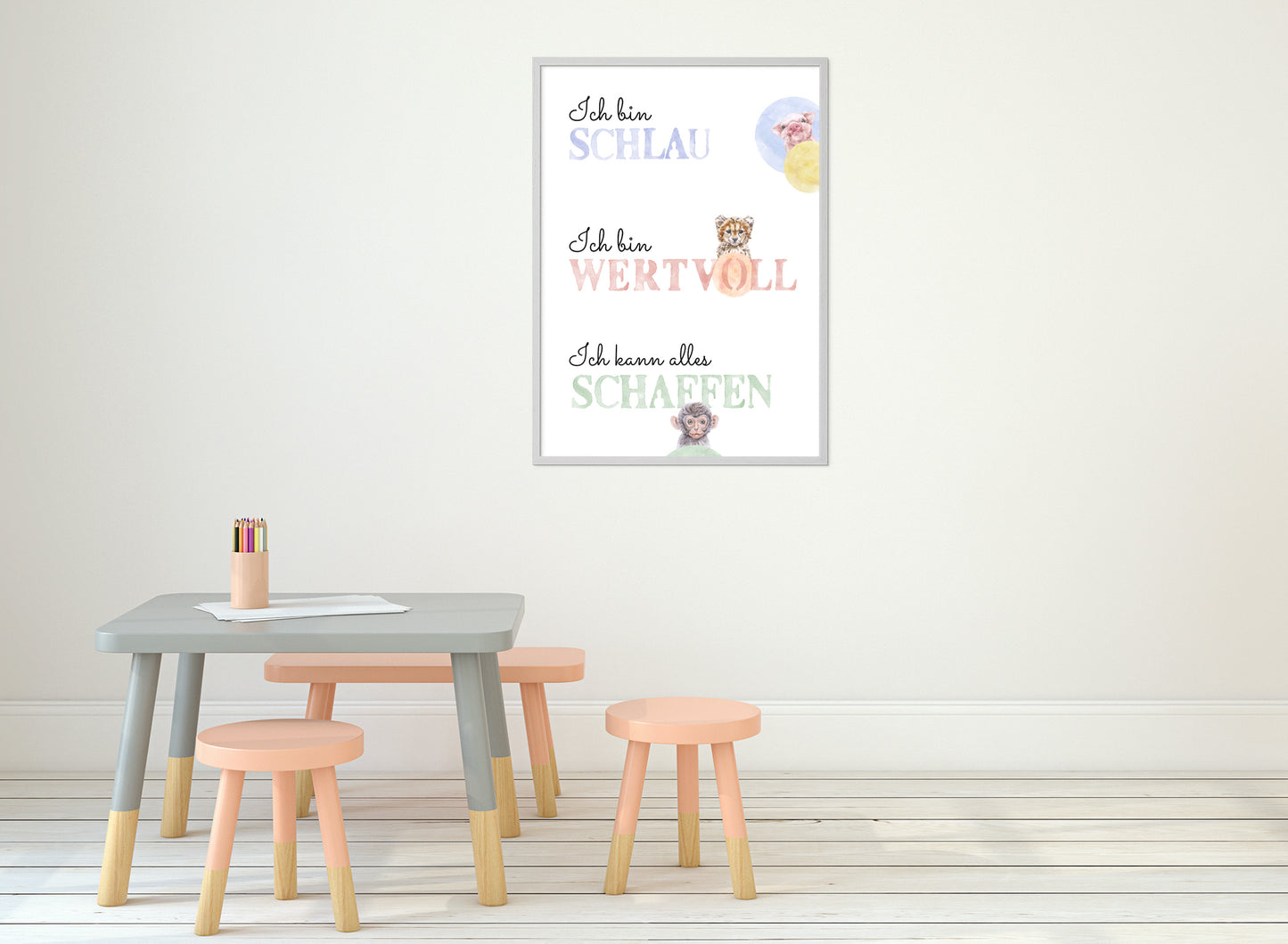 Affirmations-Tierposter für Kinder mit Giraffe & Löwe & Affe | positive Bekräftigung