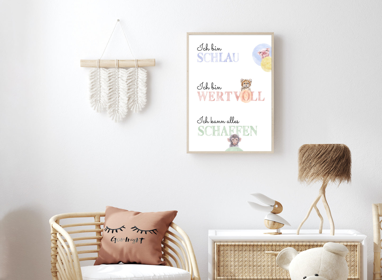 Affirmations-Tierposter für Kinder mit Giraffe & Löwe & Affe | positive Bekräftigung